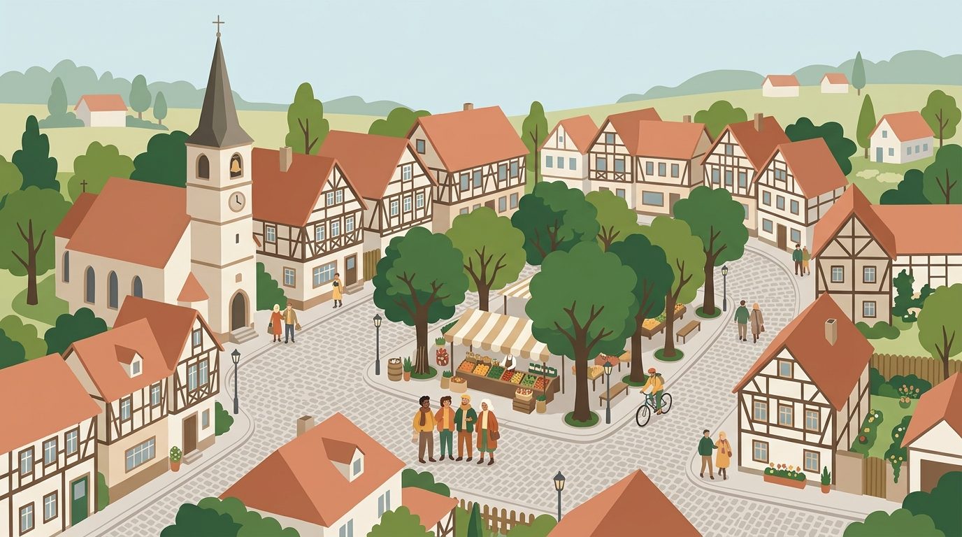 Illustration einer kleinen deutschen Stadt mit Kirchturm, Fachwerkhäusern und einem belebten Marktplatz.