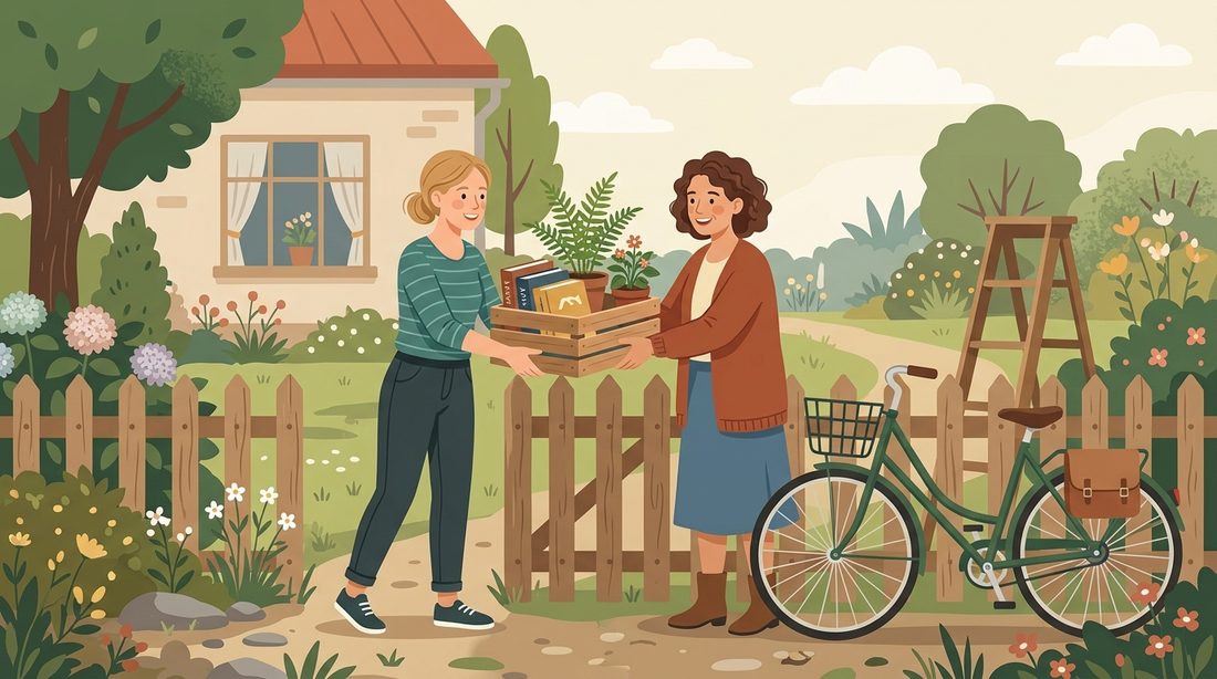 Eine Nachbarin reicht einer anderen eine Kiste mit Büchern und Pflanzen über den Gartenzaun, daneben Fahrrad und Leiter.