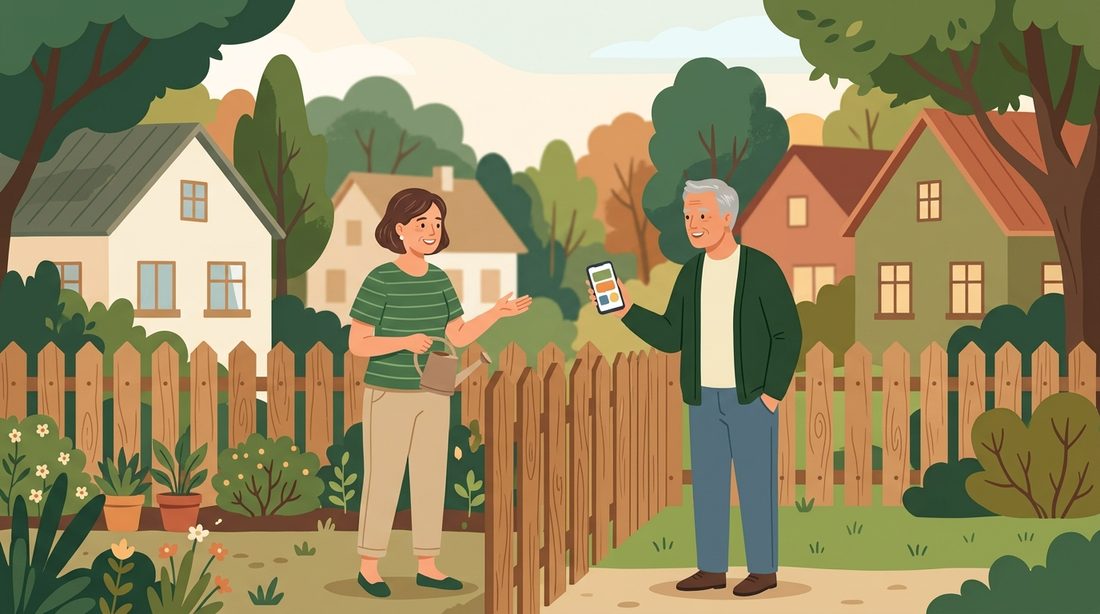Zwei Nachbarn unterhalten sich am Gartenzaun, eine Person hält ein Smartphone.