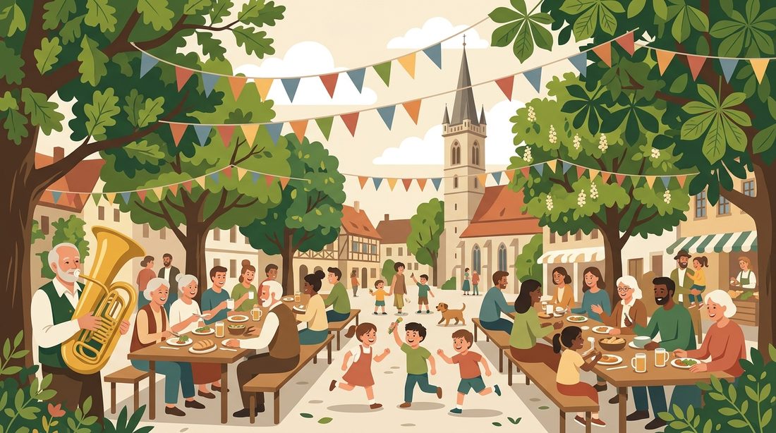 Dorffest mit Wimpelketten, langen Tischen, Musikern und spielenden Kindern vor einer Kirche.